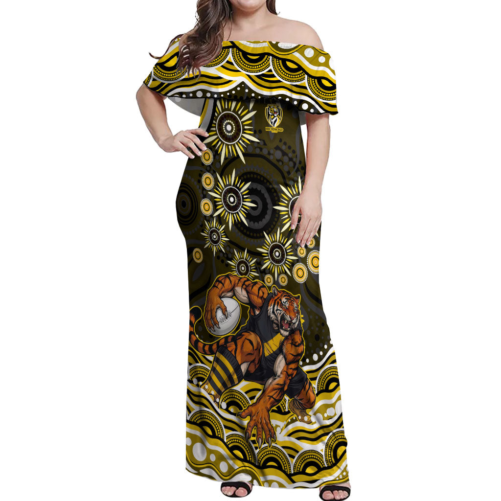 Personalized Richmond Tigers Off Shoulder Maxi Dress Aboriginal Dot Art - Dreamtime Football Mascot