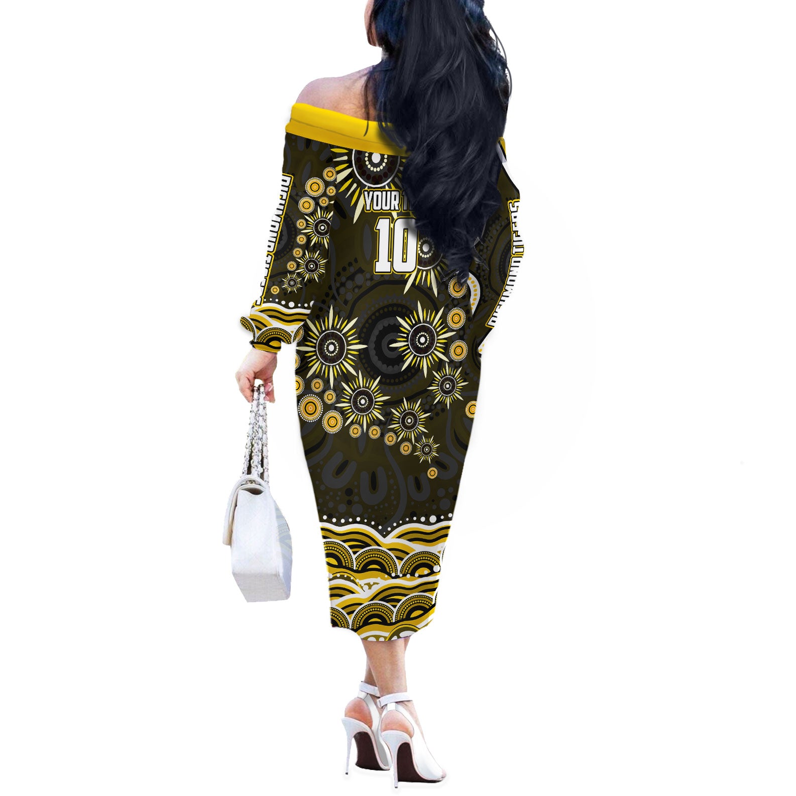 Personalized Richmond Tigers Off The Shoulder Long Sleeve Dress Aboriginal Dot Art - Dreamtime Football Mascot