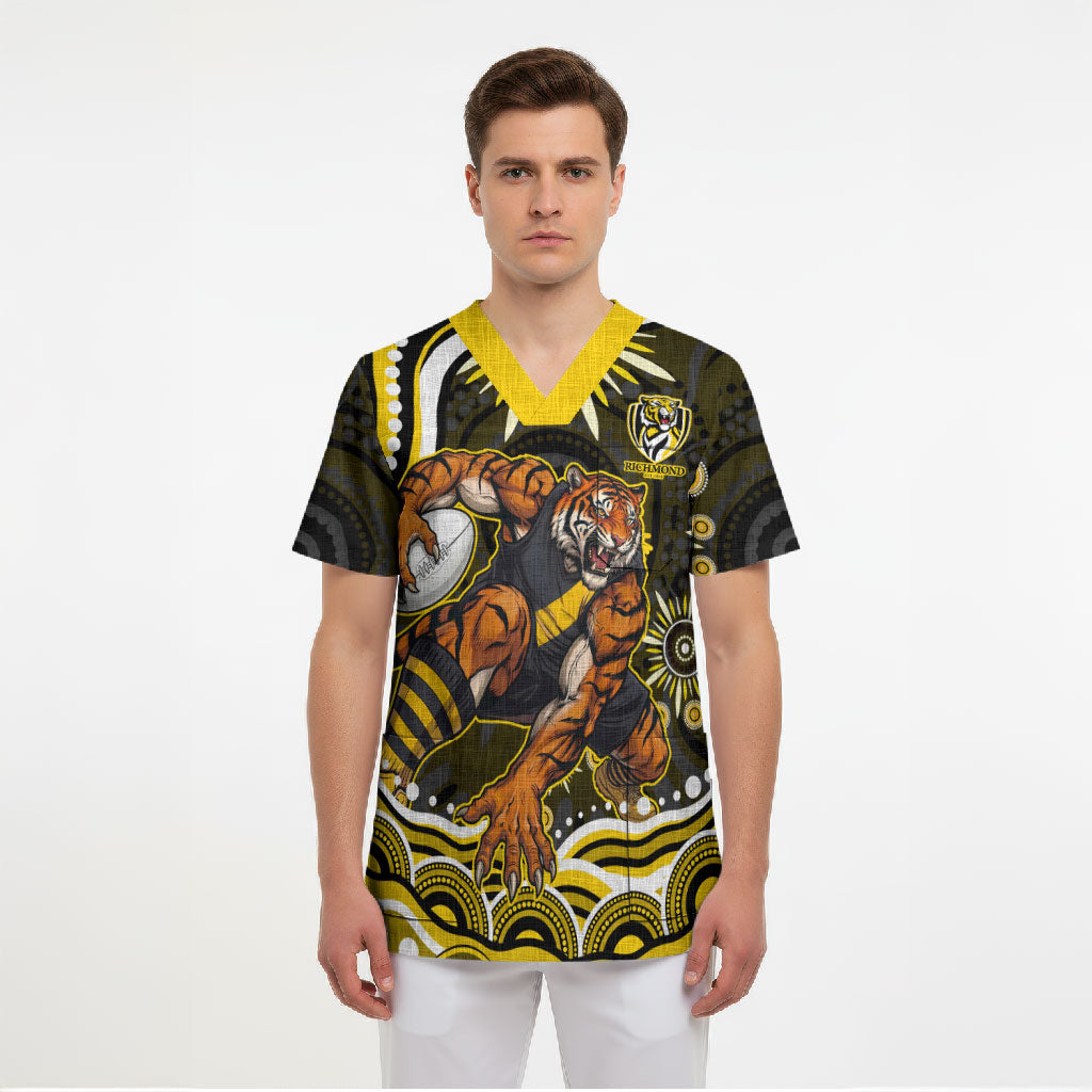 Personalized Richmond Tigers Scrub Top Aboriginal Dot Art - Dreamtime Football Mascot
