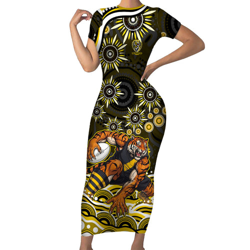 Personalized Richmond Tigers Short Sleeve Bodycon Dress Aboriginal Dot Art - Dreamtime Football Mascot