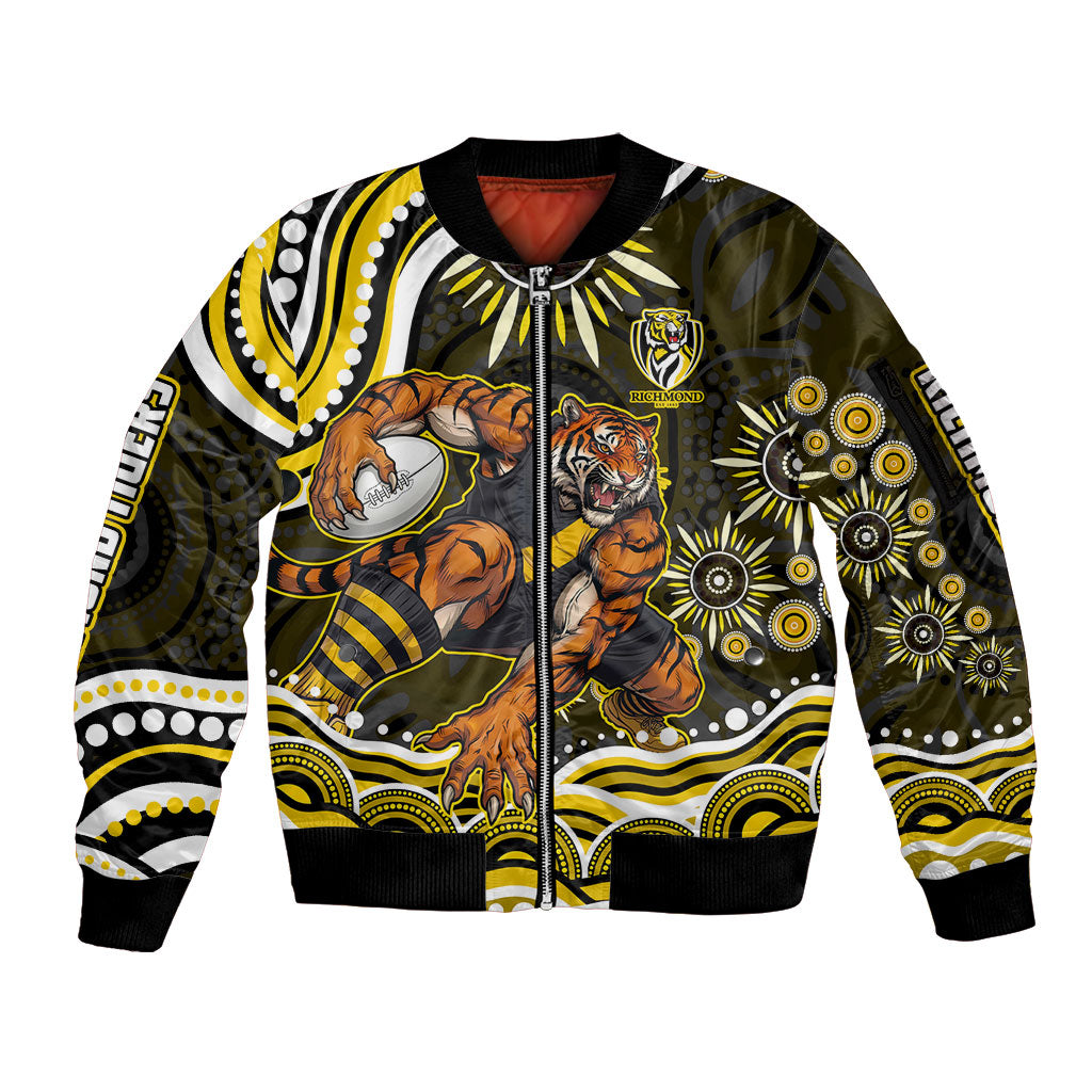 Personalized Richmond Tigers Sleeve Zip Bomber Jacket Aboriginal Dot Art - Dreamtime Football Mascot