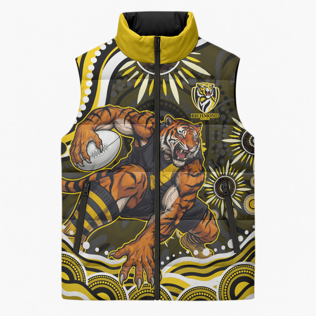 Personalized Richmond Tigers Sleeveless Puffer Jacket Aboriginal Dot Art - Dreamtime Football Mascot