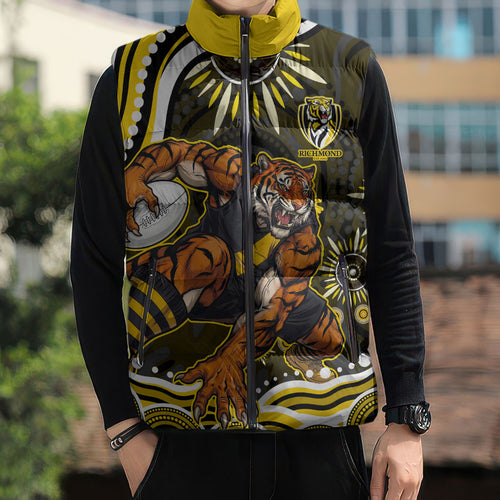 Personalized Richmond Tigers Sleeveless Puffer Jacket Aboriginal Dot Art - Dreamtime Football Mascot
