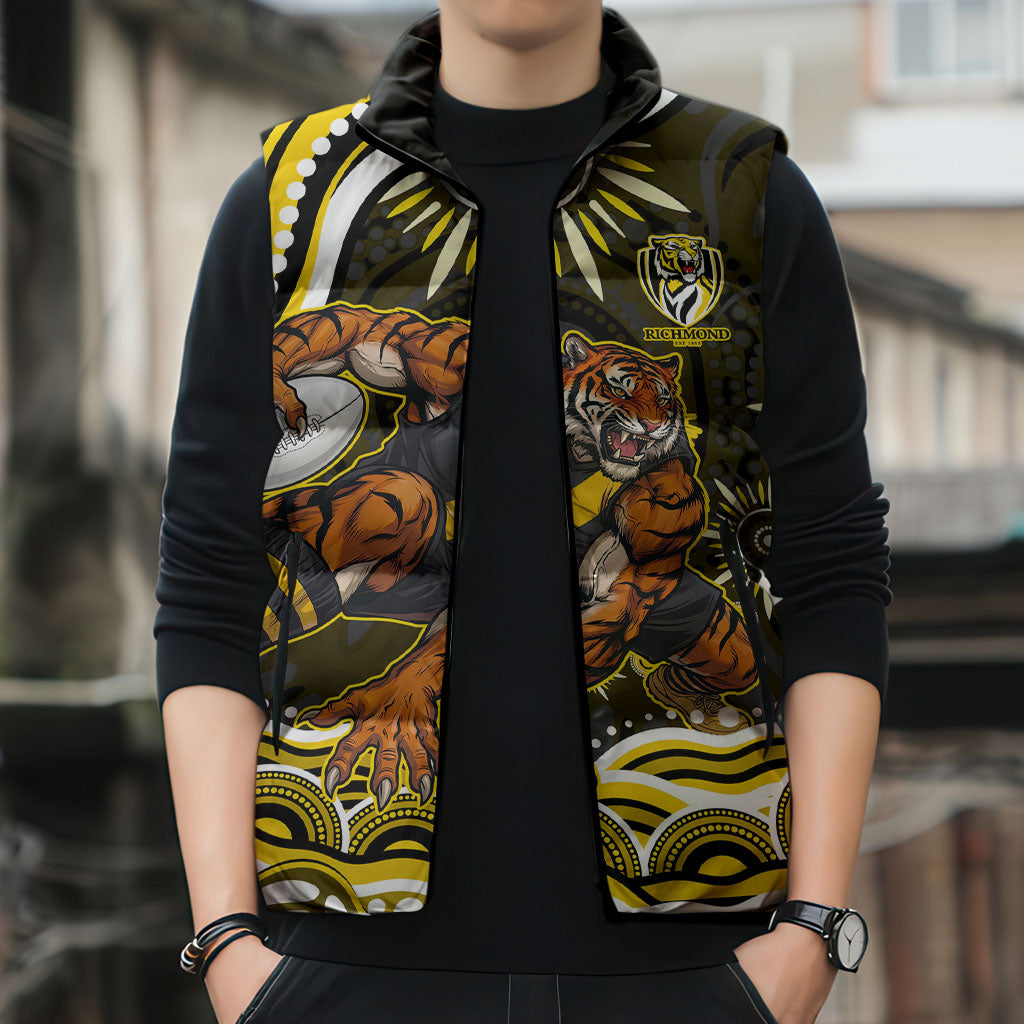Personalized Richmond Tigers Sleeveless Puffer Jacket Aboriginal Dot Art - Dreamtime Football Mascot