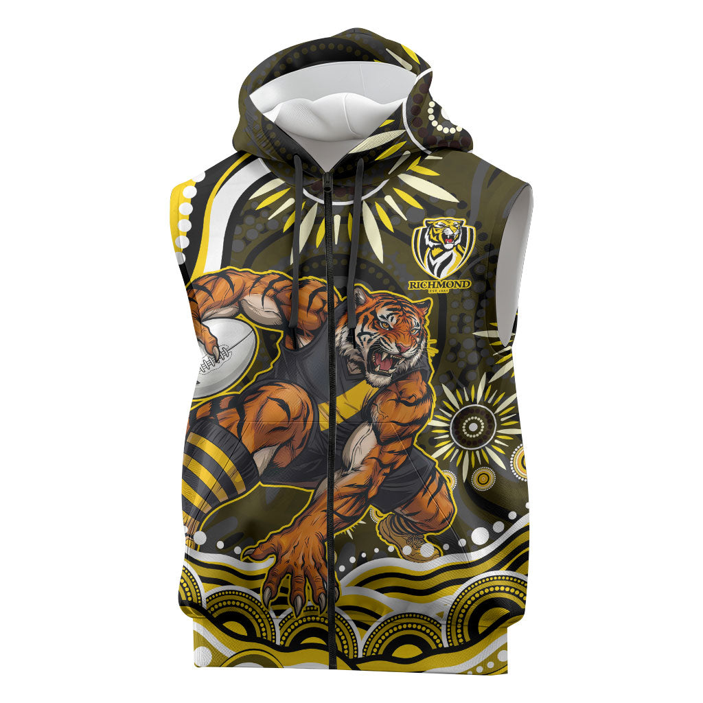 Personalized Richmond Tigers Sleeveless Zip Hoodie Aboriginal Dot Art - Dreamtime Football Mascot