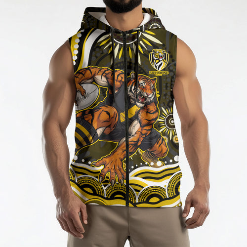 Personalized Richmond Tigers Sleeveless Zip Hoodie Aboriginal Dot Art - Dreamtime Football Mascot