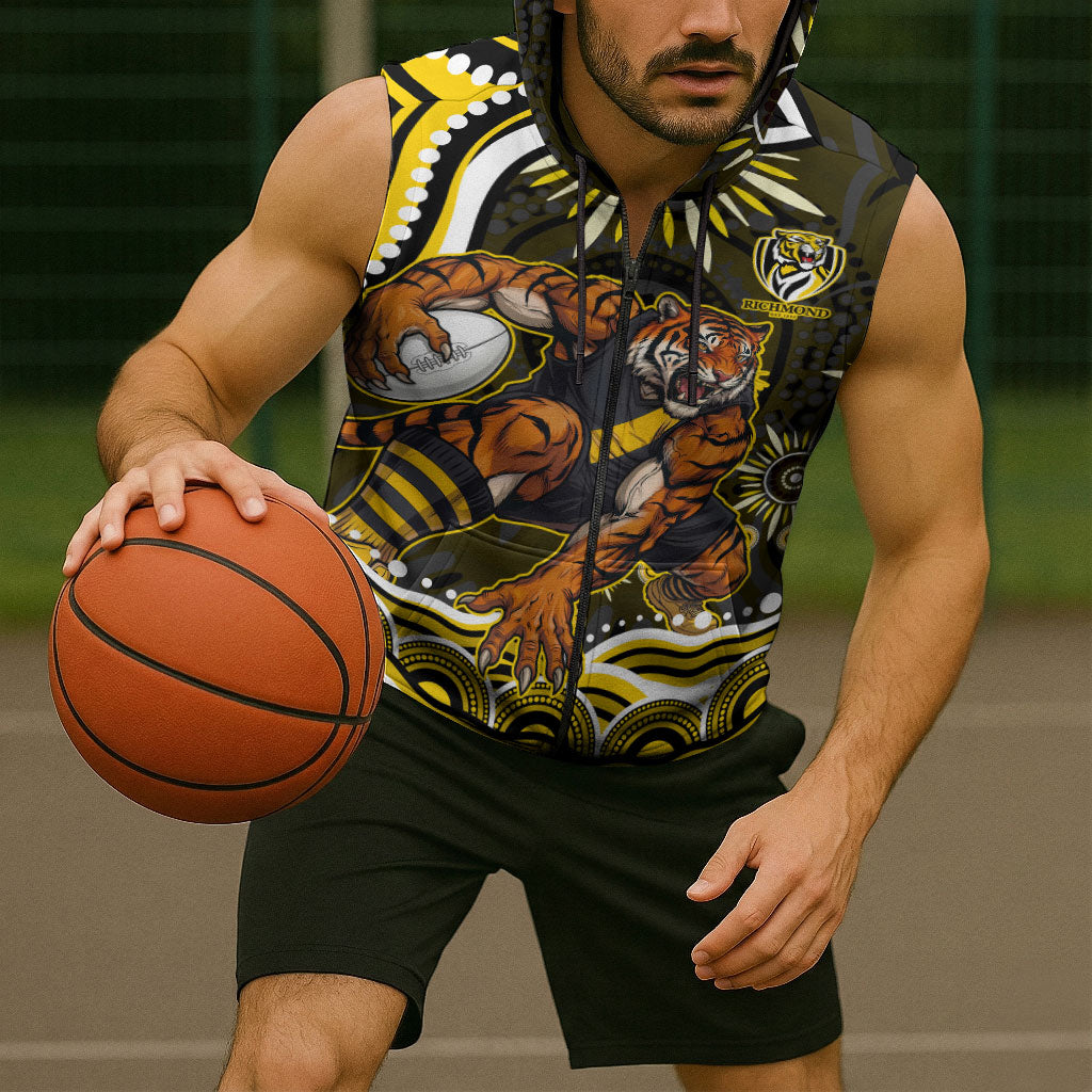 Personalized Richmond Tigers Sleeveless Zip Hoodie Aboriginal Dot Art - Dreamtime Football Mascot