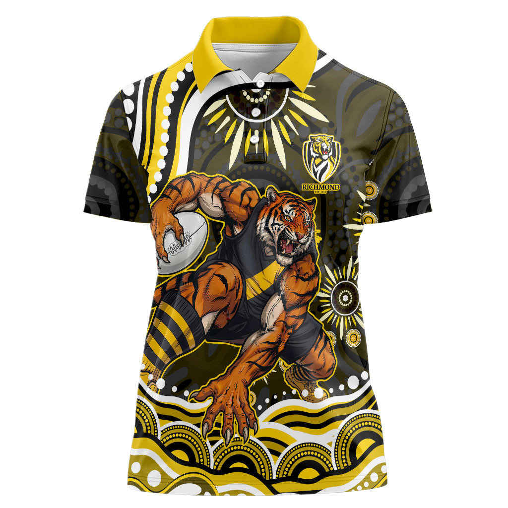 Personalized Richmond Tigers Women Polo Shirt Aboriginal Dot Art - Dreamtime Football Mascot