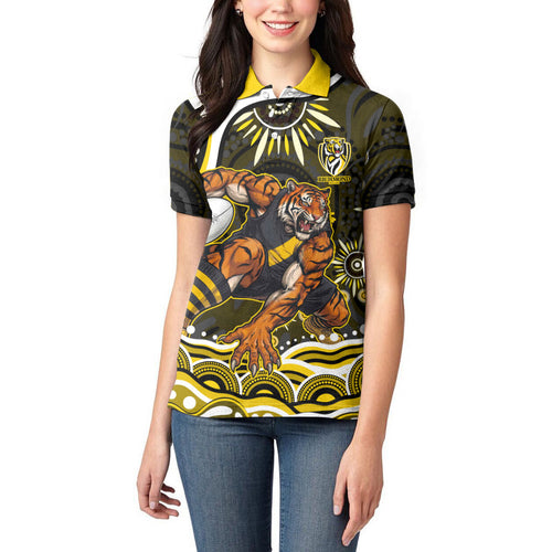 Personalized Richmond Tigers Women Polo Shirt Aboriginal Dot Art - Dreamtime Football Mascot