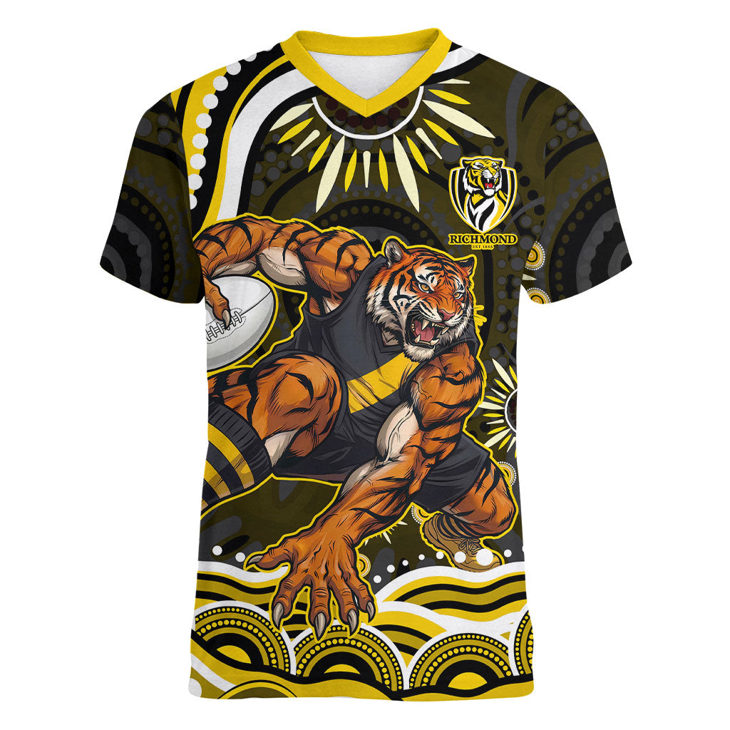 Personalized Richmond Tigers Women V-Neck T-Shirt Aboriginal Dot Art - Dreamtime Football Mascot