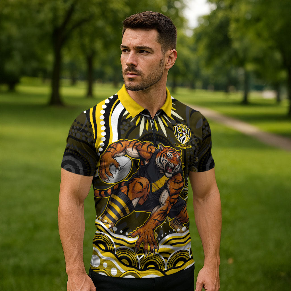 Personalized Richmond Tigers Zipper Polo Shirt Aboriginal Dot Art - Dreamtime Football Mascot