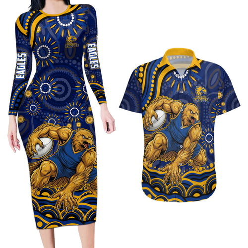 Personalized West Coast Eagles AFL Mascot Couples Matching Long Sleeve Bodycon Dress and Hawaiian Shirt Aboriginal Dot Art - Dreamtime Football Mascot