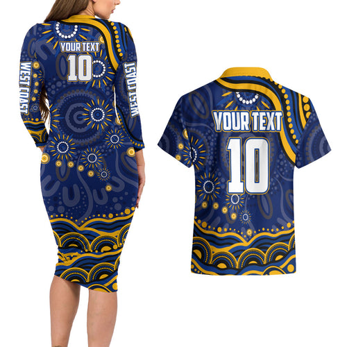 Personalized West Coast Eagles AFL Mascot Couples Matching Long Sleeve Bodycon Dress and Hawaiian Shirt Aboriginal Dot Art - Dreamtime Football Mascot