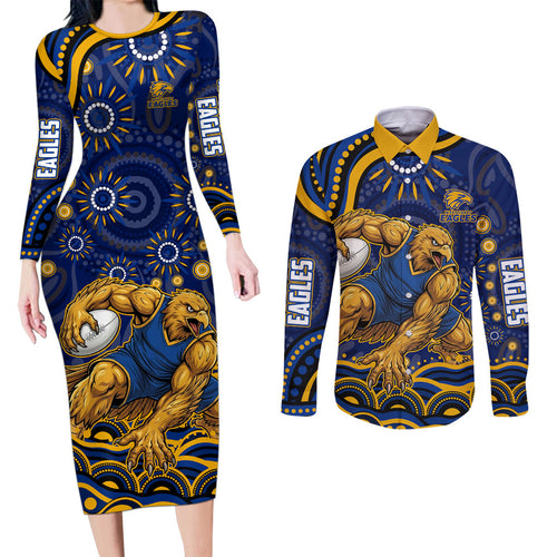 Personalized West Coast Eagles AFL Mascot Couples Matching Long Sleeve Bodycon Dress and Long Sleeve Button Shirt Aboriginal Dot Art - Dreamtime Football Mascot
