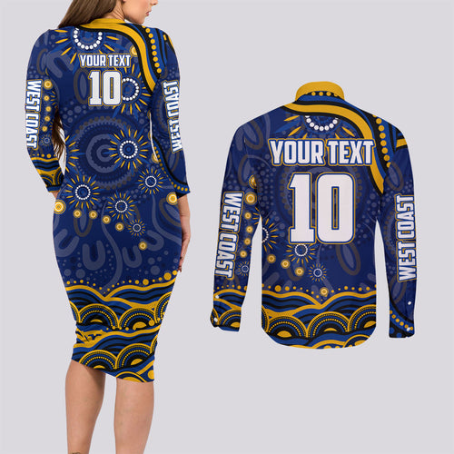 Personalized West Coast Eagles AFL Mascot Couples Matching Long Sleeve Bodycon Dress and Long Sleeve Button Shirt Aboriginal Dot Art - Dreamtime Football Mascot