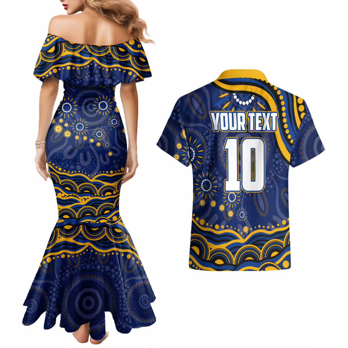 Personalized West Coast Eagles AFL Mascot Couples Matching Mermaid Dress and Hawaiian Shirt Aboriginal Dot Art - Dreamtime Football Mascot