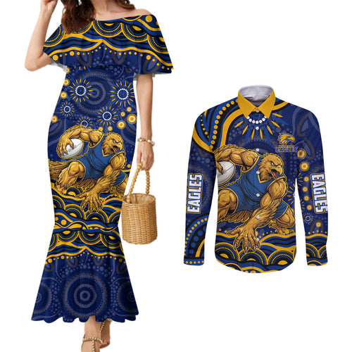 Personalized West Coast Eagles AFL Mascot Couples Matching Mermaid Dress and Long Sleeve Button Shirt Aboriginal Dot Art - Dreamtime Football Mascot