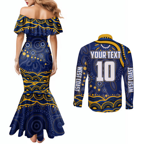 Personalized West Coast Eagles AFL Mascot Couples Matching Mermaid Dress and Long Sleeve Button Shirt Aboriginal Dot Art - Dreamtime Football Mascot