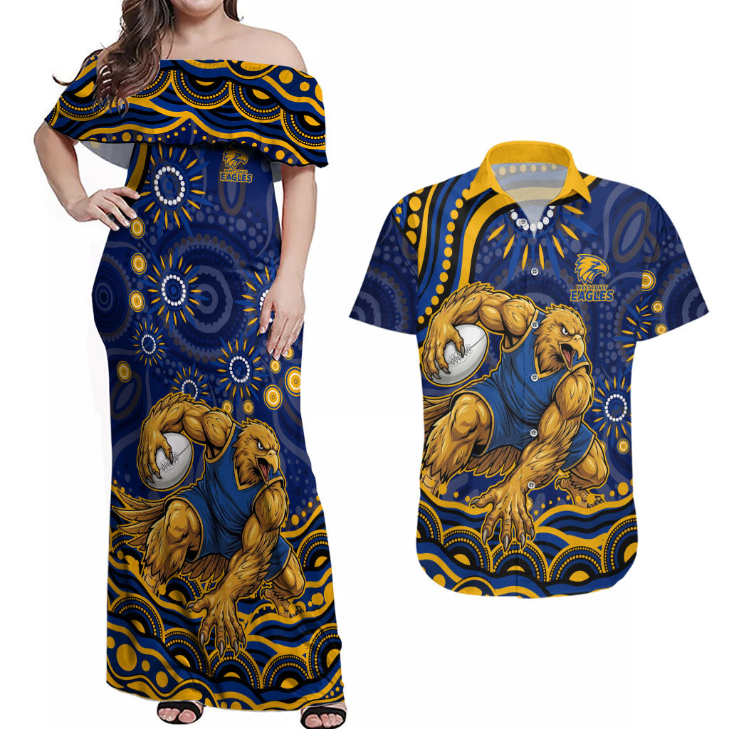 Personalized West Coast Eagles AFL Mascot Couples Matching Off Shoulder Maxi Dress and Hawaiian Shirt Aboriginal Dot Art - Dreamtime Football Mascot