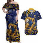 Personalized West Coast Eagles AFL Mascot Couples Matching Off Shoulder Maxi Dress and Hawaiian Shirt Aboriginal Dot Art - Dreamtime Football Mascot