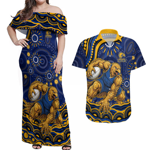 Personalized West Coast Eagles AFL Mascot Couples Matching Off Shoulder Maxi Dress and Hawaiian Shirt Aboriginal Dot Art - Dreamtime Football Mascot