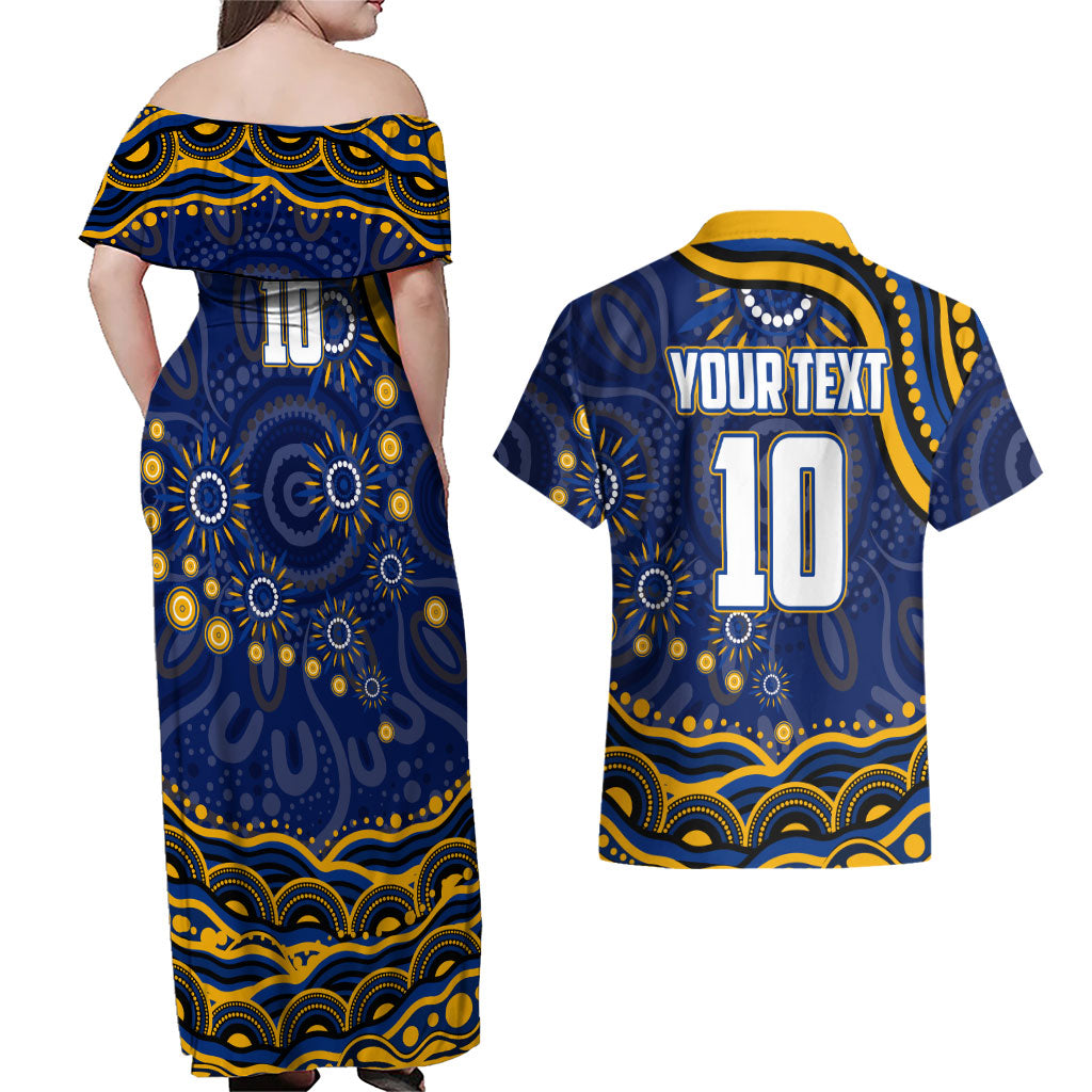 Personalized West Coast Eagles AFL Mascot Couples Matching Off Shoulder Maxi Dress and Hawaiian Shirt Aboriginal Dot Art - Dreamtime Football Mascot