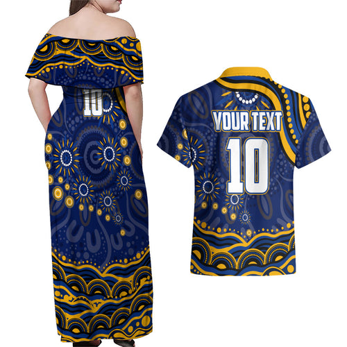 Personalized West Coast Eagles AFL Mascot Couples Matching Off Shoulder Maxi Dress and Hawaiian Shirt Aboriginal Dot Art - Dreamtime Football Mascot