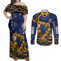 Personalized West Coast Eagles AFL Mascot Couples Matching Off Shoulder Maxi Dress and Long Sleeve Button Shirt Aboriginal Dot Art - Dreamtime Football Mascot