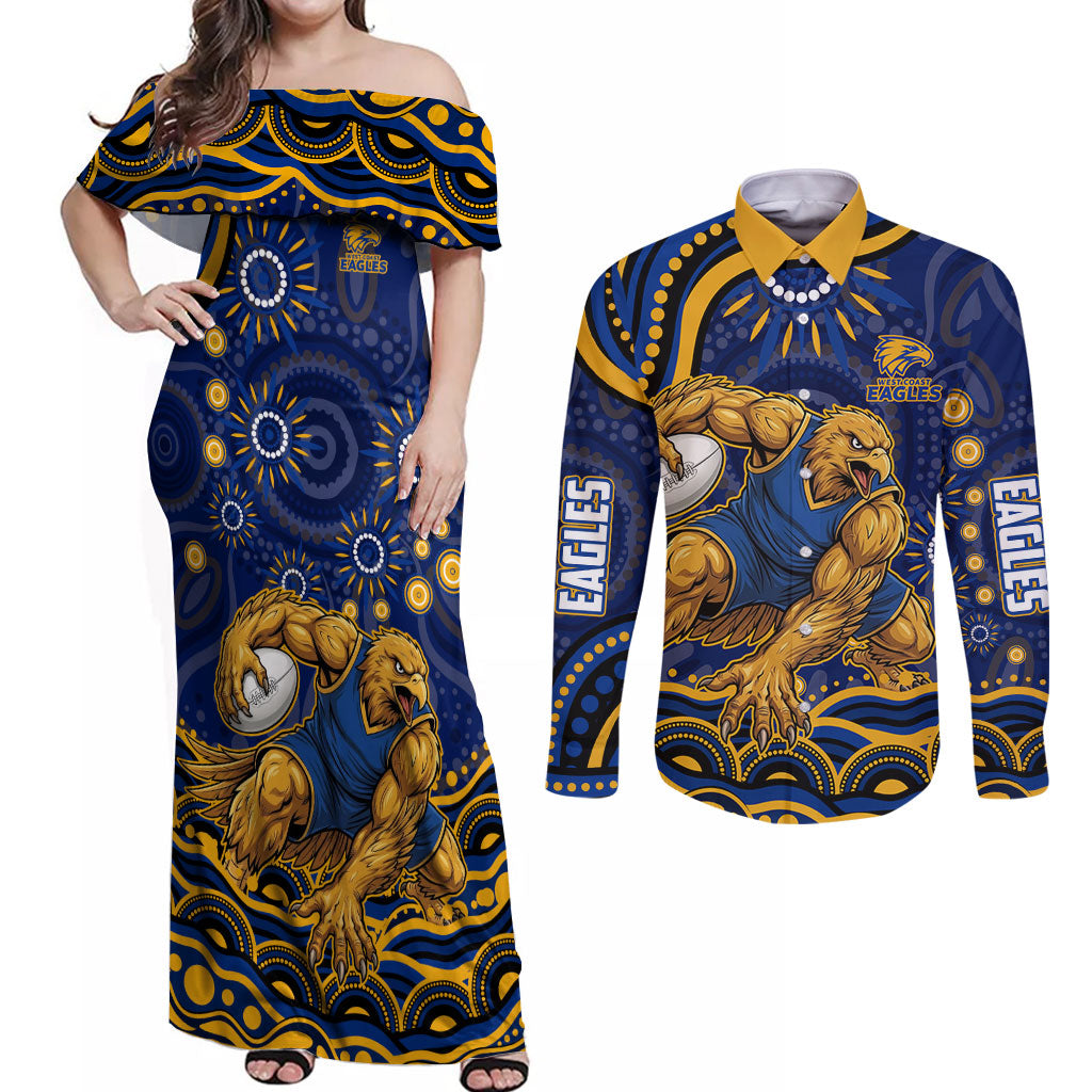 Personalized West Coast Eagles AFL Mascot Couples Matching Off Shoulder Maxi Dress and Long Sleeve Button Shirt Aboriginal Dot Art - Dreamtime Football Mascot