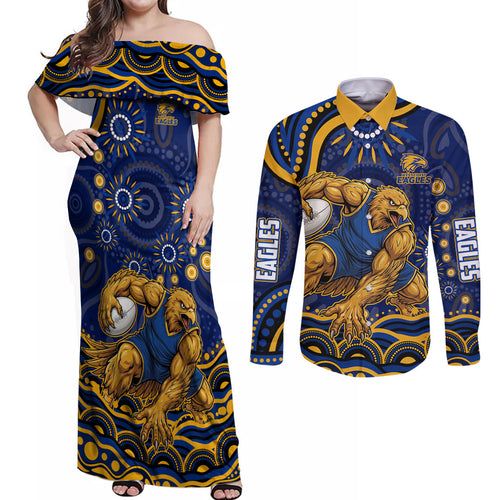 Personalized West Coast Eagles AFL Mascot Couples Matching Off Shoulder Maxi Dress and Long Sleeve Button Shirt Aboriginal Dot Art - Dreamtime Football Mascot