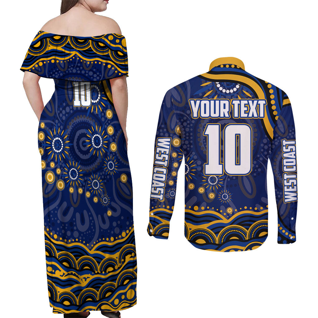 Personalized West Coast Eagles AFL Mascot Couples Matching Off Shoulder Maxi Dress and Long Sleeve Button Shirt Aboriginal Dot Art - Dreamtime Football Mascot