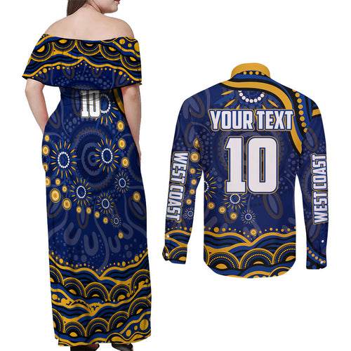 Personalized West Coast Eagles AFL Mascot Couples Matching Off Shoulder Maxi Dress and Long Sleeve Button Shirt Aboriginal Dot Art - Dreamtime Football Mascot
