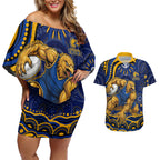 Personalized West Coast Eagles AFL Mascot Couples Matching Off Shoulder Short Dress and Hawaiian Shirt Aboriginal Dot Art - Dreamtime Football Mascot