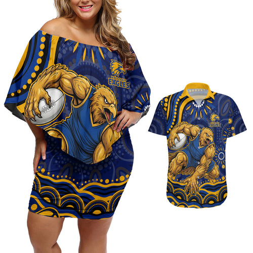 Personalized West Coast Eagles AFL Mascot Couples Matching Off Shoulder Short Dress and Hawaiian Shirt Aboriginal Dot Art - Dreamtime Football Mascot