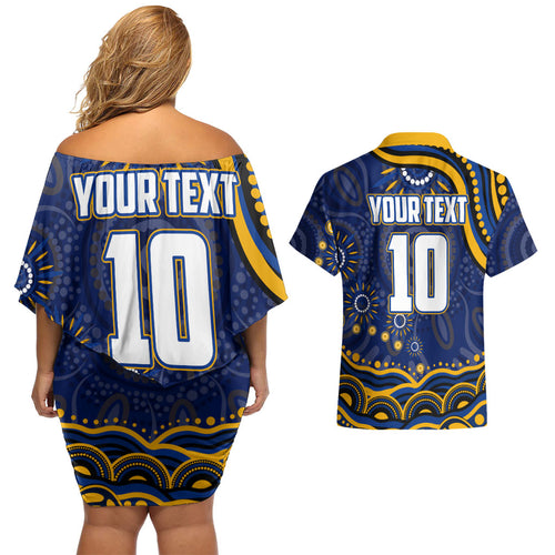 Personalized West Coast Eagles AFL Mascot Couples Matching Off Shoulder Short Dress and Hawaiian Shirt Aboriginal Dot Art - Dreamtime Football Mascot