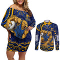 Personalized West Coast Eagles AFL Mascot Couples Matching Off Shoulder Short Dress and Long Sleeve Button Shirt Aboriginal Dot Art - Dreamtime Football Mascot