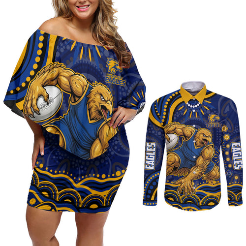 Personalized West Coast Eagles AFL Mascot Couples Matching Off Shoulder Short Dress and Long Sleeve Button Shirt Aboriginal Dot Art - Dreamtime Football Mascot