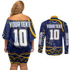 Personalized West Coast Eagles AFL Mascot Couples Matching Off Shoulder Short Dress and Long Sleeve Button Shirt Aboriginal Dot Art - Dreamtime Football Mascot