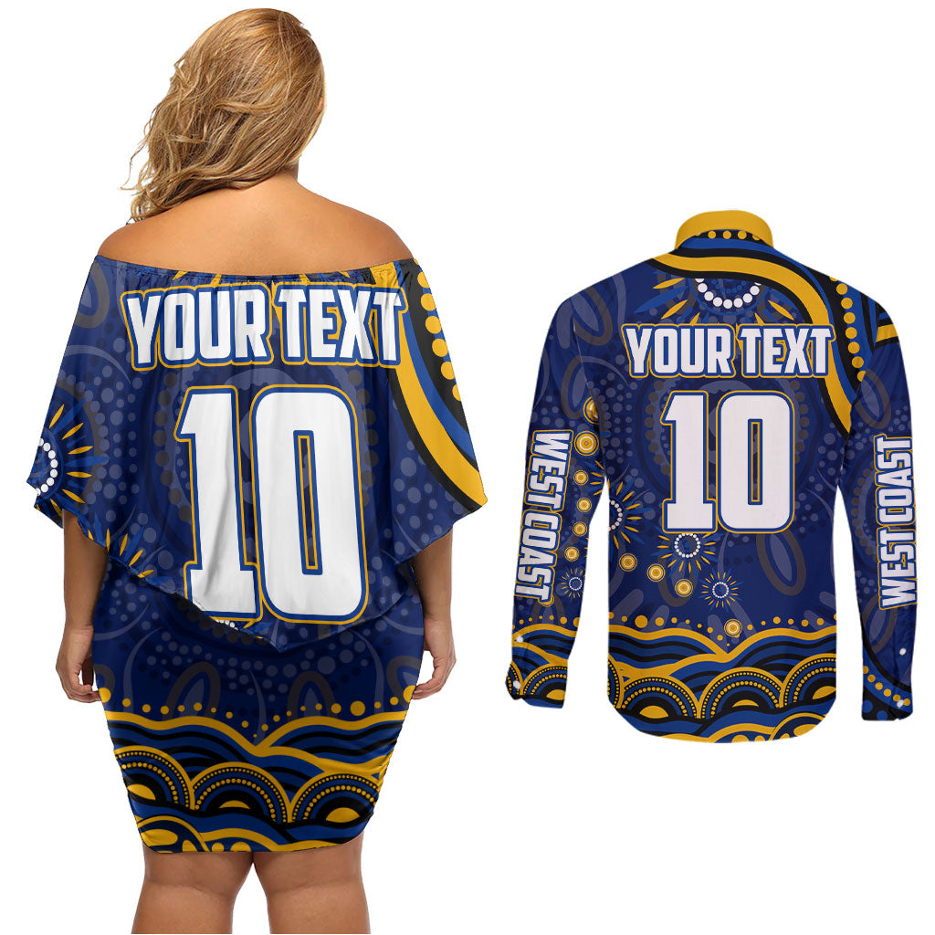 Personalized West Coast Eagles AFL Mascot Couples Matching Off Shoulder Short Dress and Long Sleeve Button Shirt Aboriginal Dot Art - Dreamtime Football Mascot