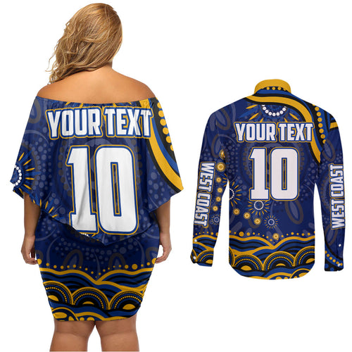Personalized West Coast Eagles AFL Mascot Couples Matching Off Shoulder Short Dress and Long Sleeve Button Shirt Aboriginal Dot Art - Dreamtime Football Mascot