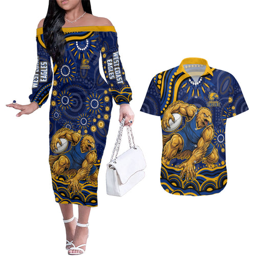 Personalized West Coast Eagles AFL Mascot Couples Matching Off The Shoulder Long Sleeve Dress and Hawaiian Shirt Aboriginal Dot Art - Dreamtime Football Mascot