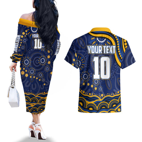 Personalized West Coast Eagles AFL Mascot Couples Matching Off The Shoulder Long Sleeve Dress and Hawaiian Shirt Aboriginal Dot Art - Dreamtime Football Mascot