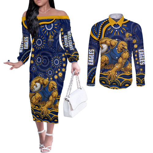 Personalized West Coast Eagles AFL Mascot Couples Matching Off The Shoulder Long Sleeve Dress and Long Sleeve Button Shirt Aboriginal Dot Art - Dreamtime Football Mascot