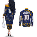 Personalized West Coast Eagles AFL Mascot Couples Matching Off The Shoulder Long Sleeve Dress and Long Sleeve Button Shirt Aboriginal Dot Art - Dreamtime Football Mascot