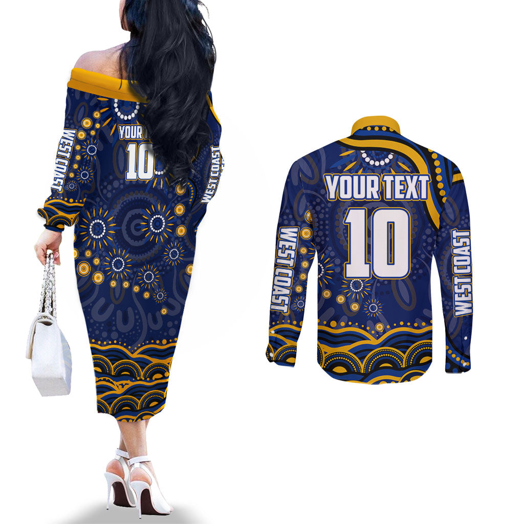 Personalized West Coast Eagles AFL Mascot Couples Matching Off The Shoulder Long Sleeve Dress and Long Sleeve Button Shirt Aboriginal Dot Art - Dreamtime Football Mascot