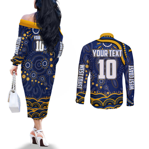 Personalized West Coast Eagles AFL Mascot Couples Matching Off The Shoulder Long Sleeve Dress and Long Sleeve Button Shirt Aboriginal Dot Art - Dreamtime Football Mascot