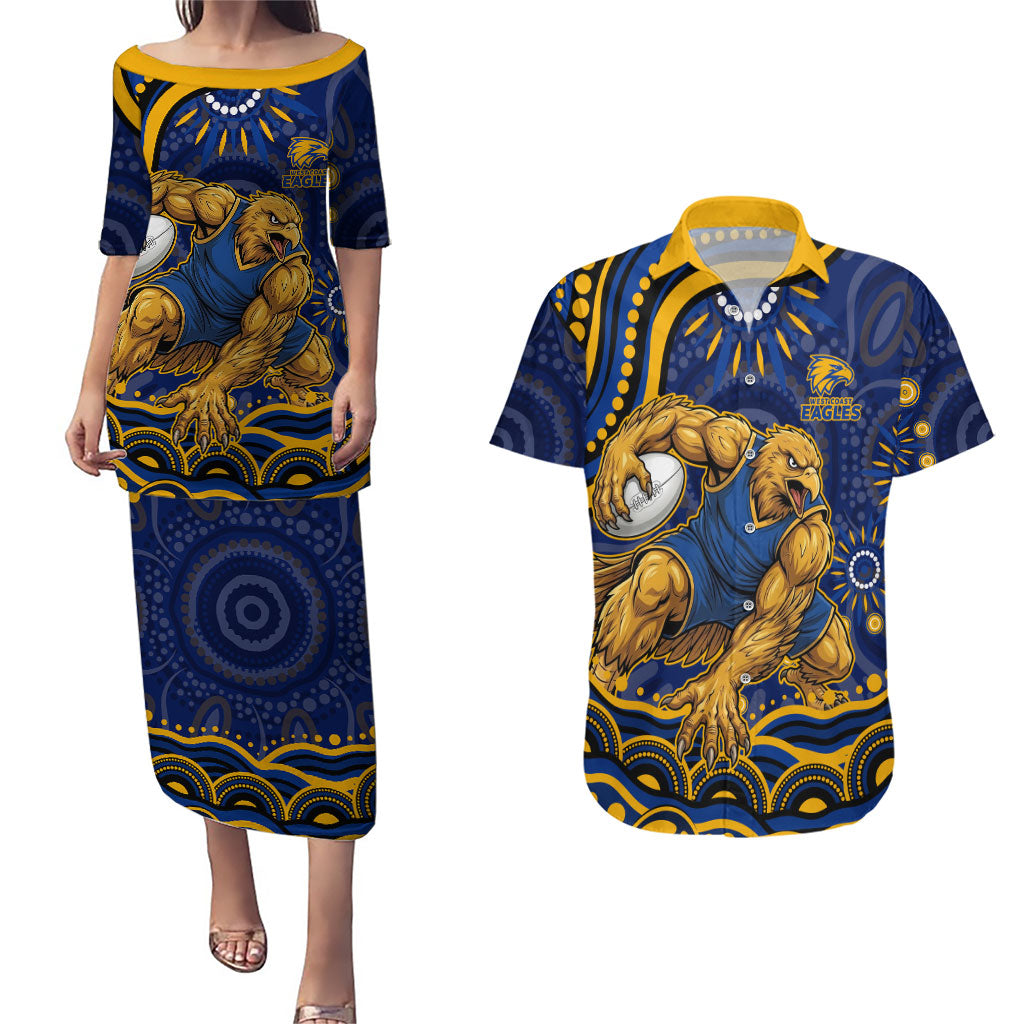 Personalized West Coast Eagles AFL Mascot Couples Matching Puletasi and Hawaiian Shirt Aboriginal Dot Art - Dreamtime Football Mascot