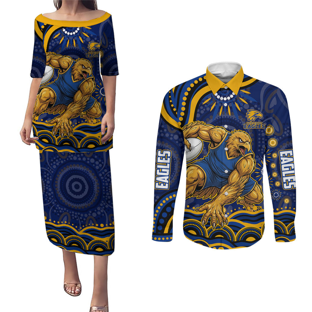 Personalized West Coast Eagles AFL Mascot Couples Matching Puletasi and Long Sleeve Button Shirt Aboriginal Dot Art - Dreamtime Football Mascot