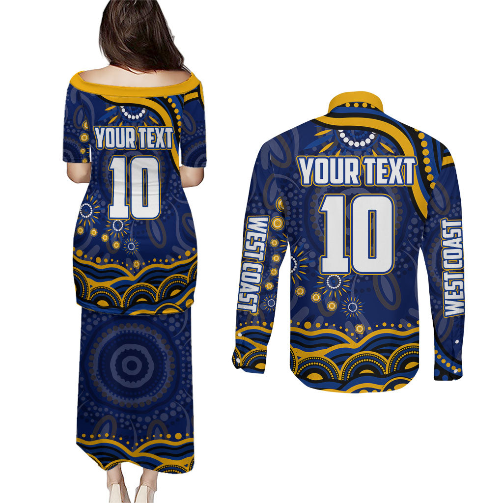 Personalized West Coast Eagles AFL Mascot Couples Matching Puletasi and Long Sleeve Button Shirt Aboriginal Dot Art - Dreamtime Football Mascot