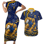 Personalized West Coast Eagles AFL Mascot Couples Matching Short Sleeve Bodycon Dress and Hawaiian Shirt Aboriginal Dot Art - Dreamtime Football Mascot